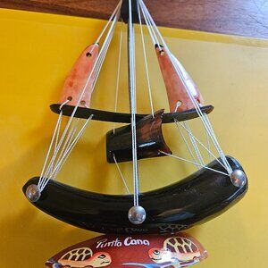 vintage handcrafted cow bull horn sailboat folk art decoration